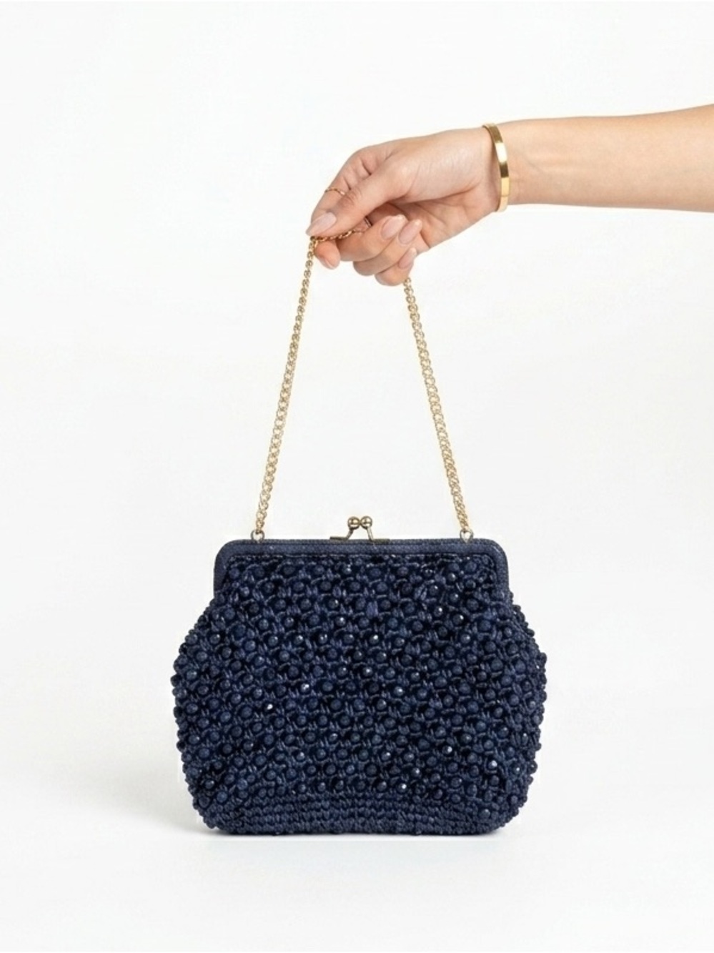 Vintage 1960s navy blue beaded raffia clutch bag with gold chain wristlet strap